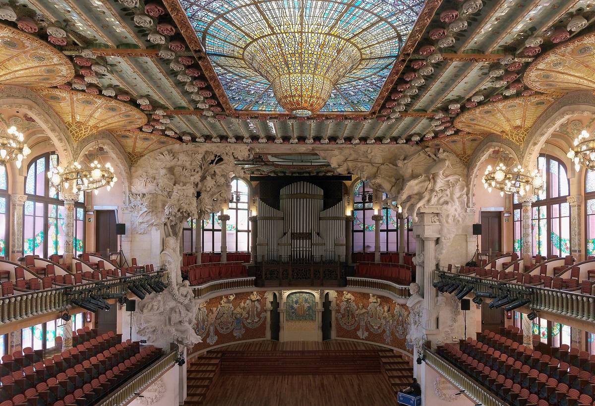The concert hall of the Palau de la Música Catalana, seen from the stage, where the Barcelona Jazz Festival opens